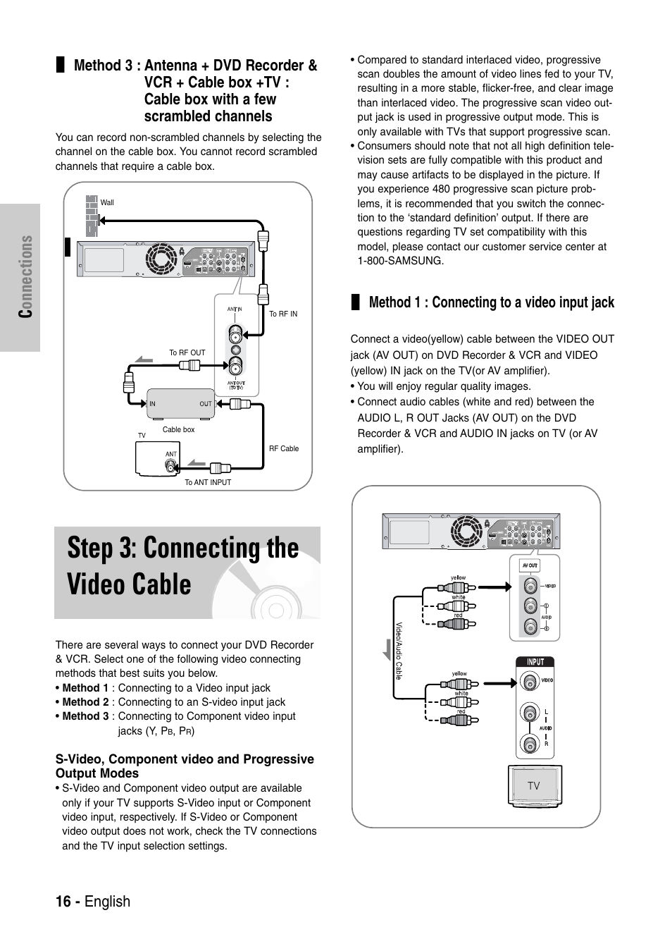 Step 3: connecting the video cable, Connections, 16 - english | Method 1 : connecting to a video input jack | Samsung DVD-VR325-XAC User Manual | Page 16 / 89