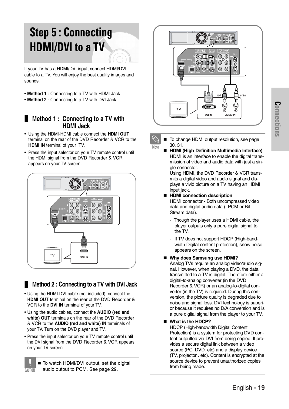 Step 5 : connecting hdmi/dvi to a tv, Connections, English - 19 | Method 1 : connecting to a tv with hdmi jack, Method 2 : connecting to a tv with dvi jack | Samsung DVD-VR325-XAC User Manual | Page 19 / 89