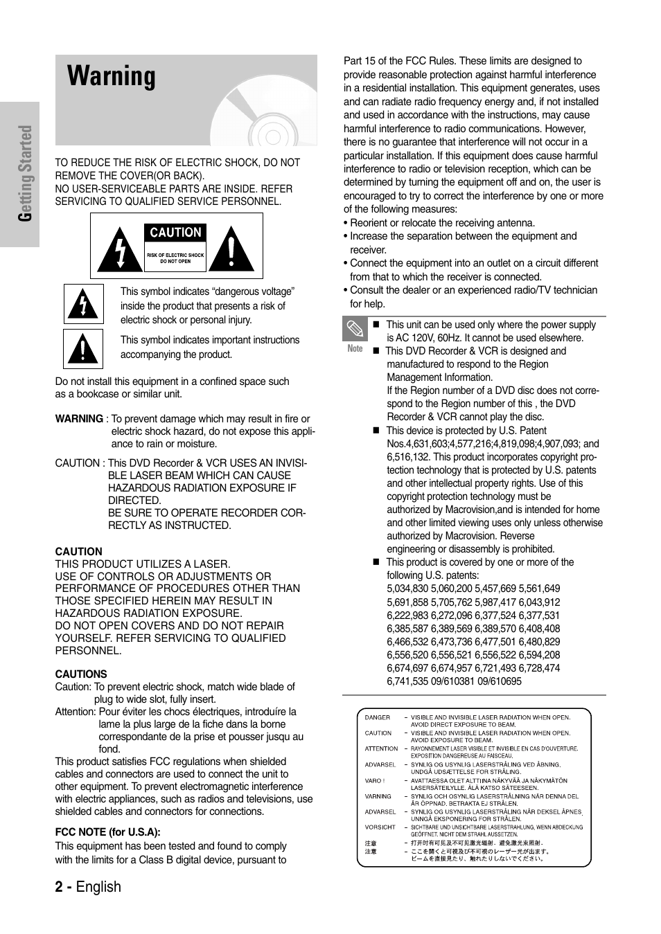 Warning, Getting started, 2 - english | Samsung DVD-VR325-XAC User Manual | Page 2 / 89