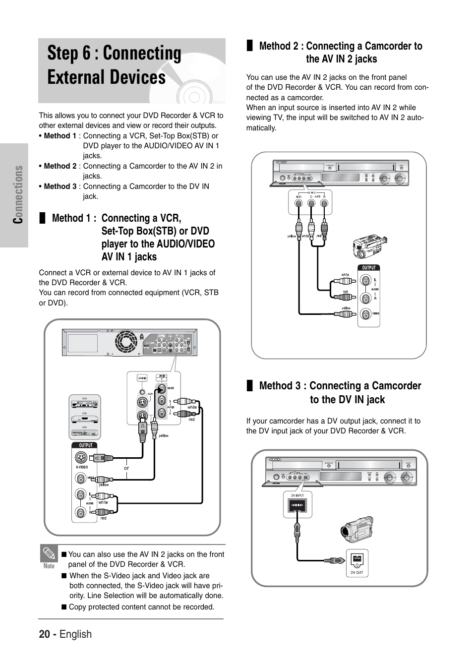 Step 6 : connecting external devices, Connections | Samsung DVD-VR325-XAC User Manual | Page 20 / 89