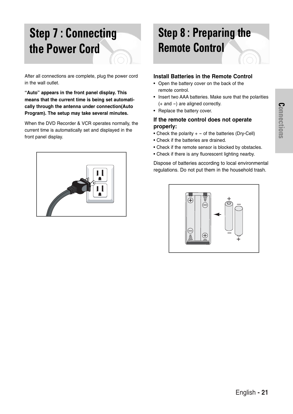 Step 7 : connecting the power cord, Step 8 : preparing the remote control, Connections | English - 21 | Samsung DVD-VR325-XAC User Manual | Page 21 / 89