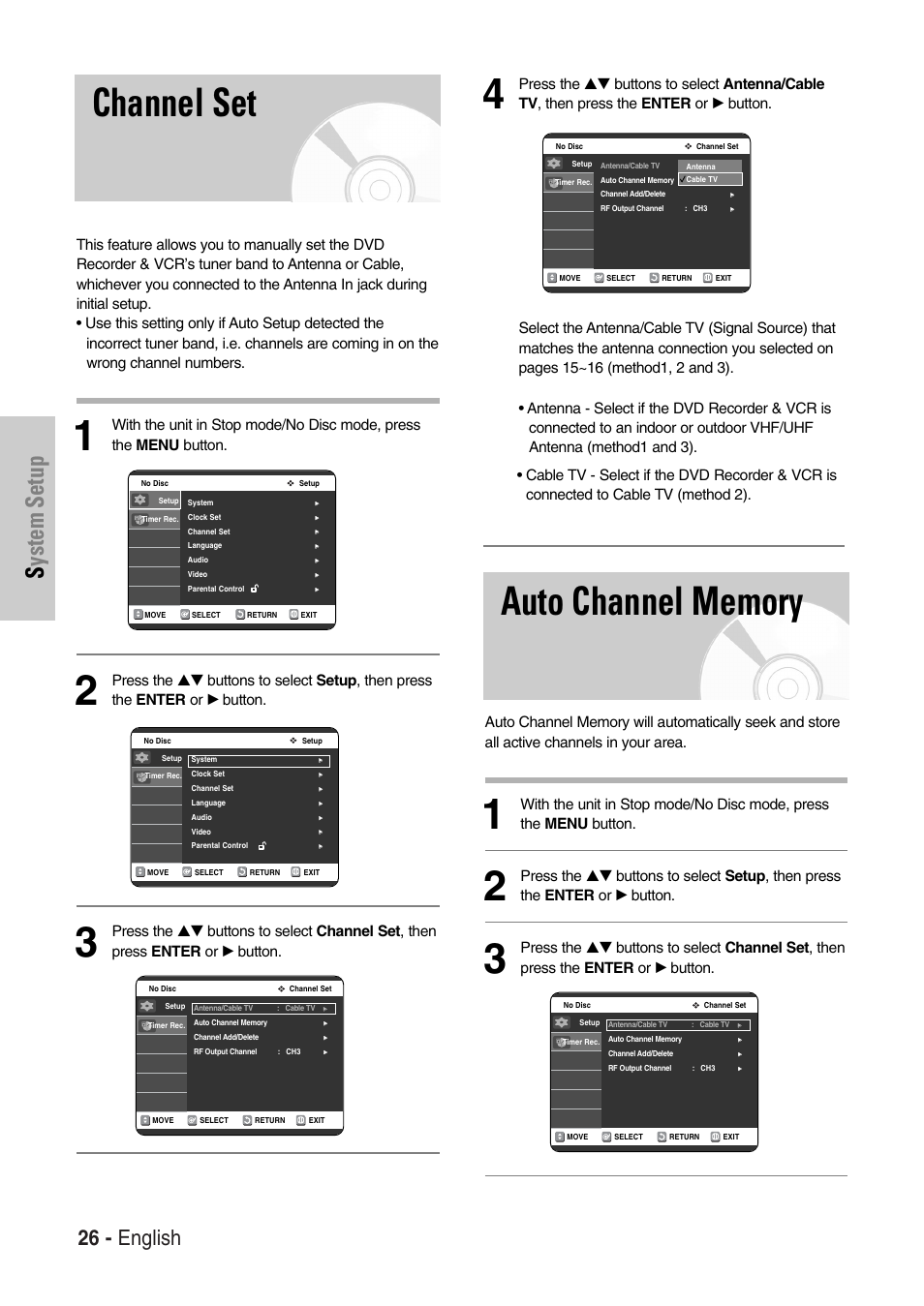 Channel set, Auto channel memory, System setup | 26 - english | Samsung DVD-VR325-XAC User Manual | Page 26 / 89