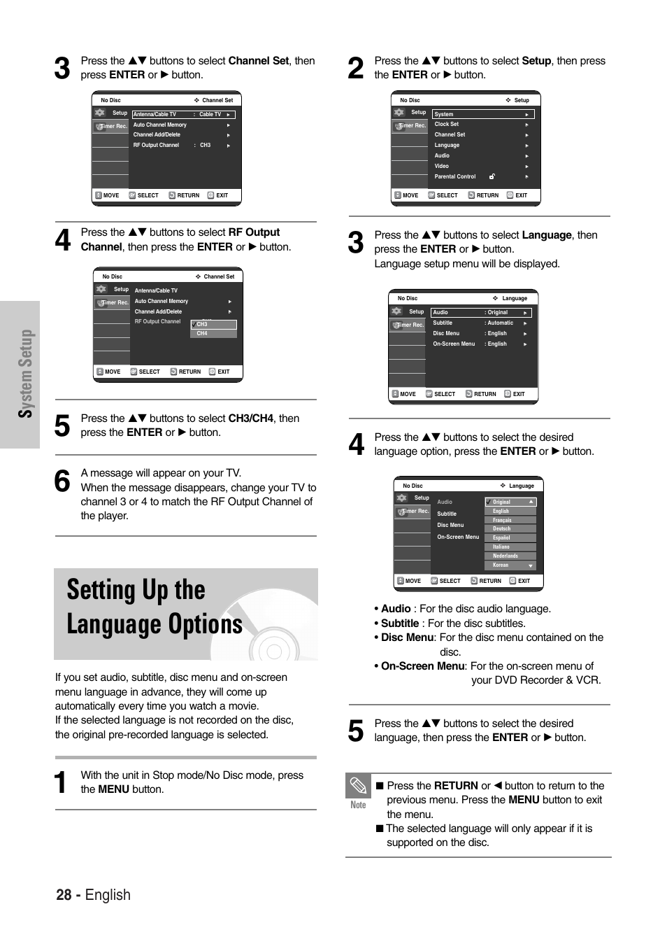 Setting up the language options, System setup, 28 - english | Samsung DVD-VR325-XAC User Manual | Page 28 / 89