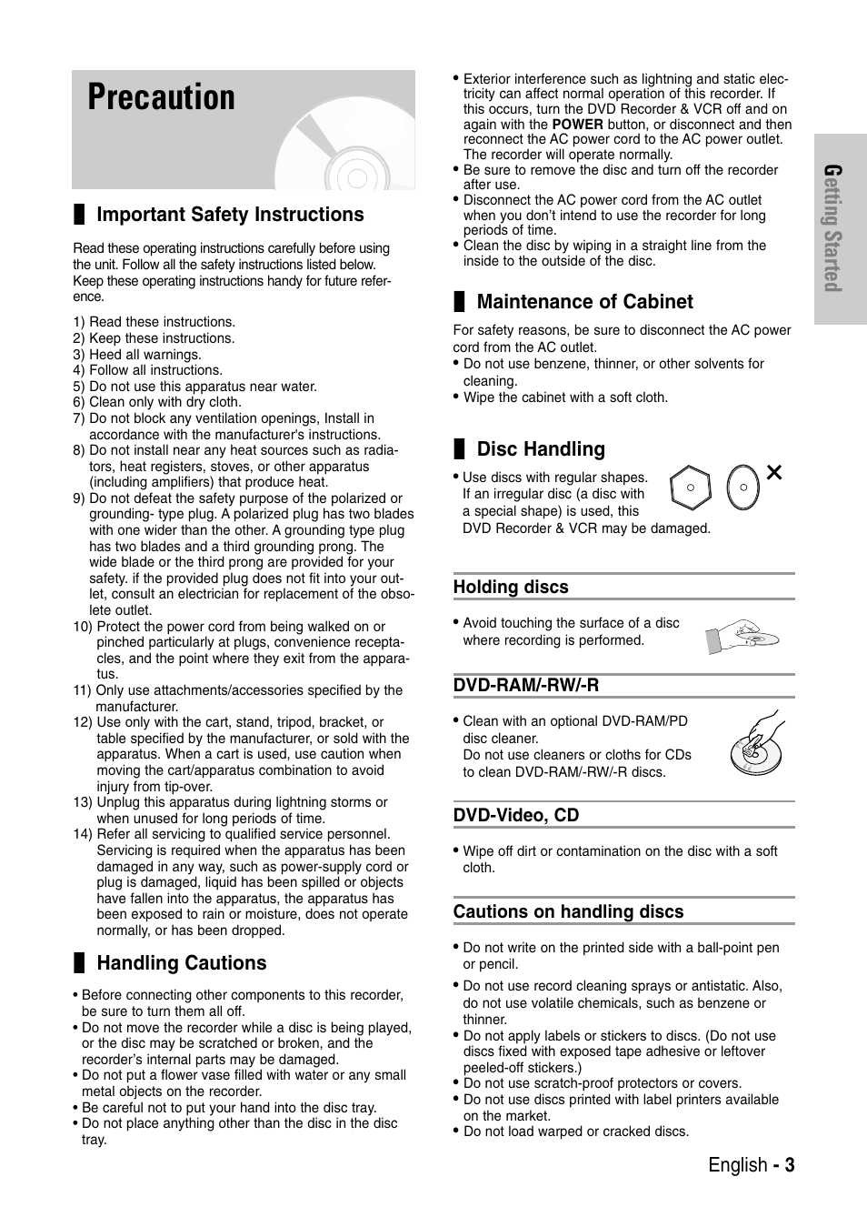 Precaution, Getting started, English - 3 | Important safety instructions, Handling cautions, Maintenance of cabinet, Disc handling | Samsung DVD-VR325-XAC User Manual | Page 3 / 89