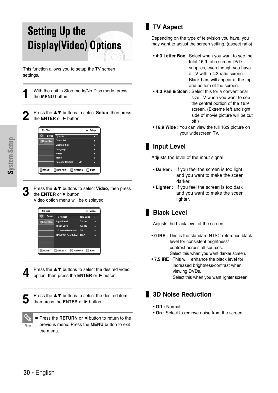 Setting up the display(video) options, System setup, 30 - english | Tv aspect, Input level, Black level, 3d noise reduction | Samsung DVD-VR325-XAC User Manual | Page 30 / 89