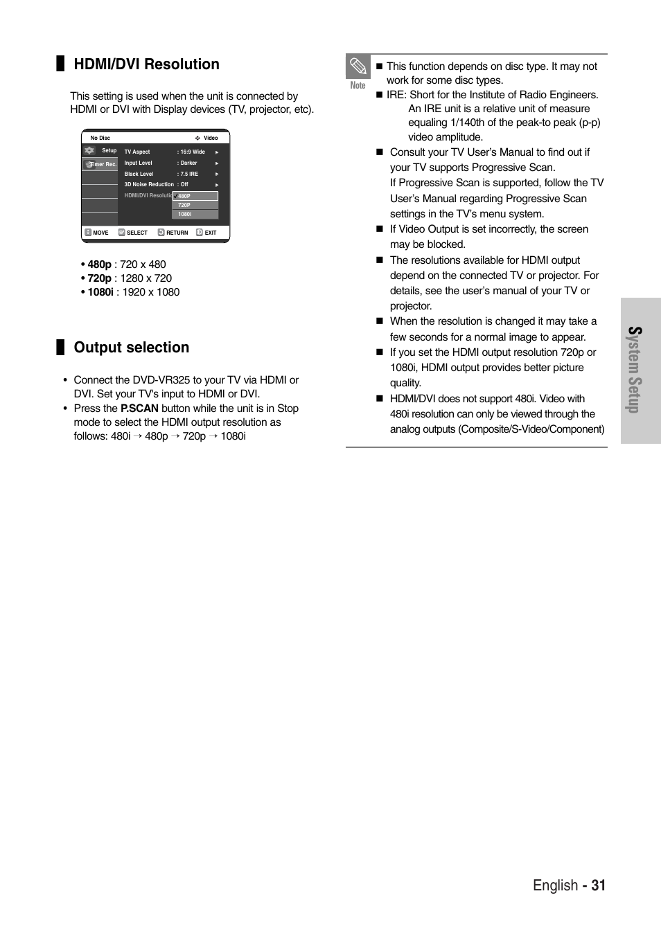 System setup, English - 31, Hdmi/dvi resolution | Output selection | Samsung DVD-VR325-XAC User Manual | Page 31 / 89