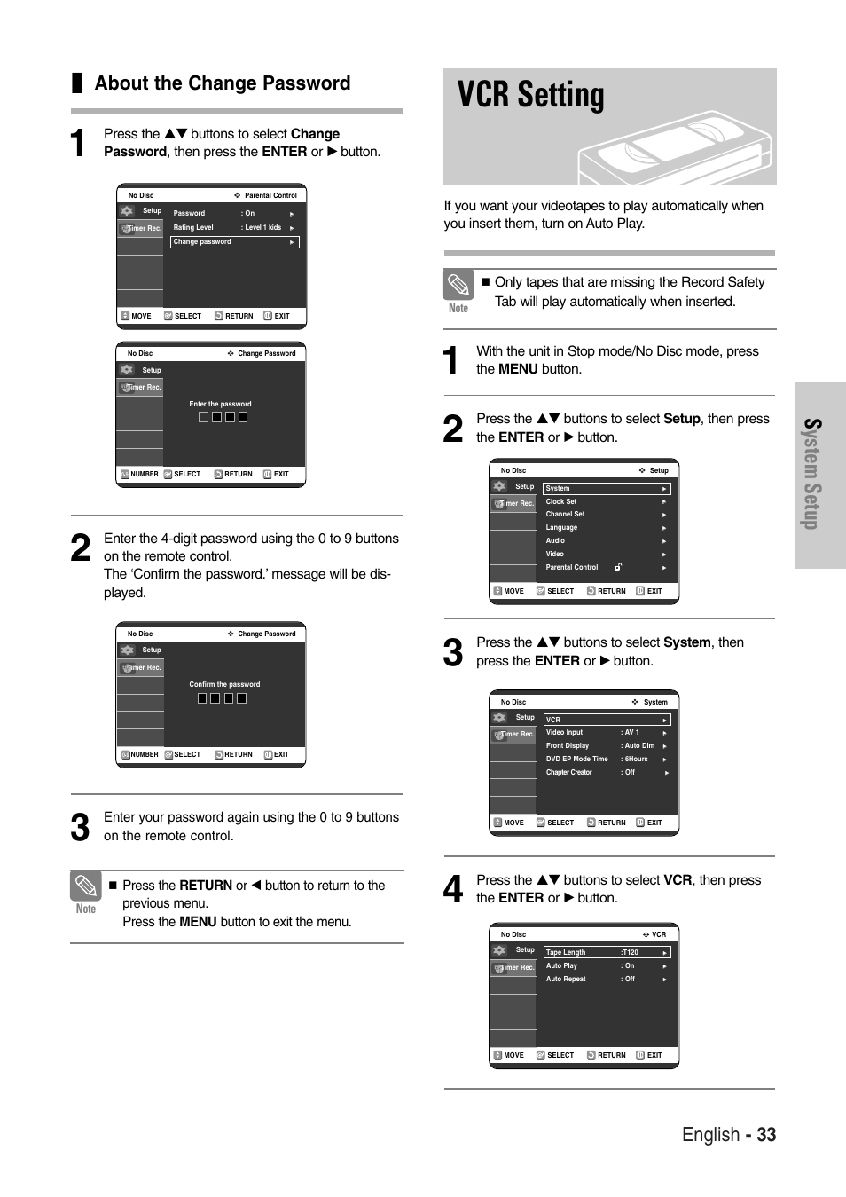 Vcr setting, System setup, English - 33 | About the change password | Samsung DVD-VR325-XAC User Manual | Page 33 / 89