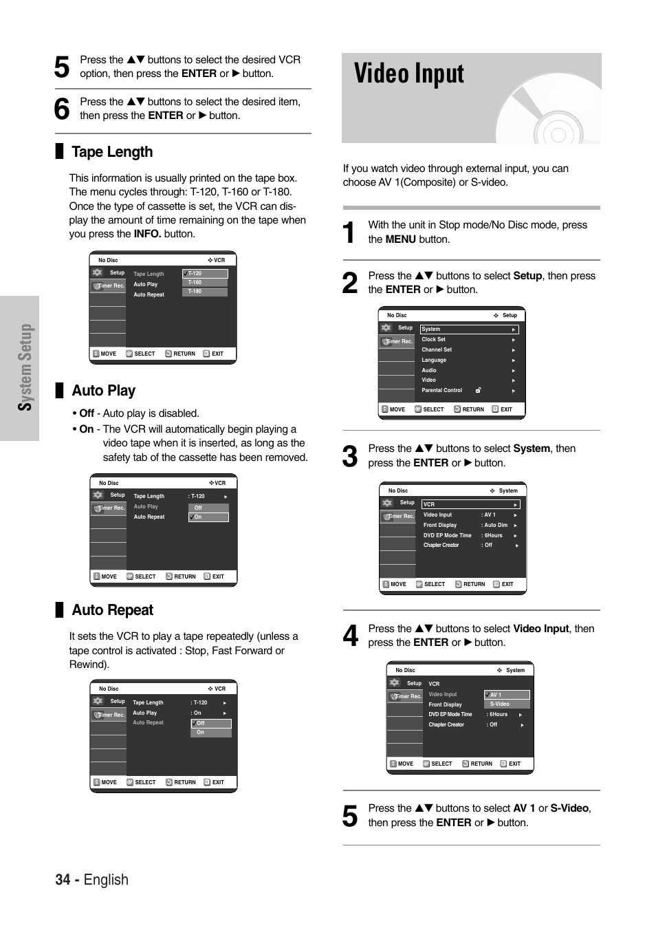 Video input, System setup, 34 - english | Tape length, Auto play, Auto repeat | Samsung DVD-VR325-XAC User Manual | Page 34 / 89