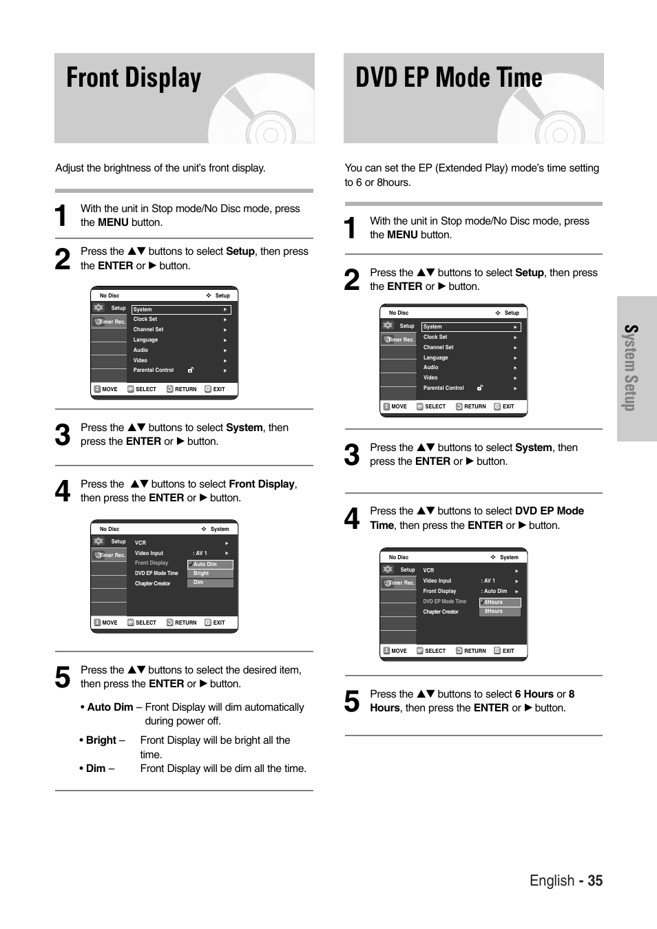 Front display, Dvd ep mode time, System setup | English - 35, Adjust the brightness of the unit’s front display | Samsung DVD-VR325-XAC User Manual | Page 35 / 89