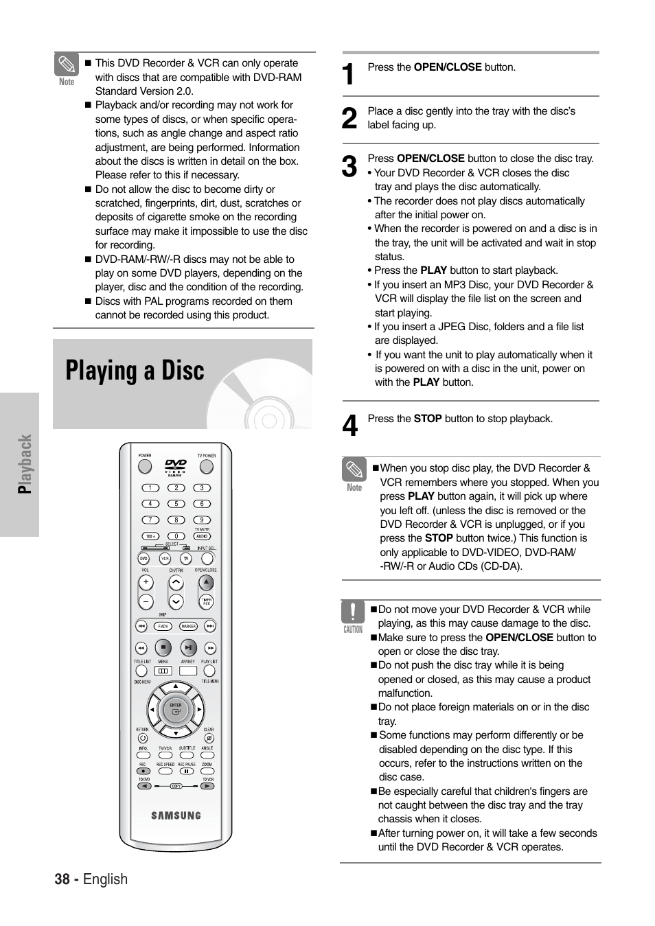 Playing a disc, Playback | Samsung DVD-VR325-XAC User Manual | Page 38 / 89