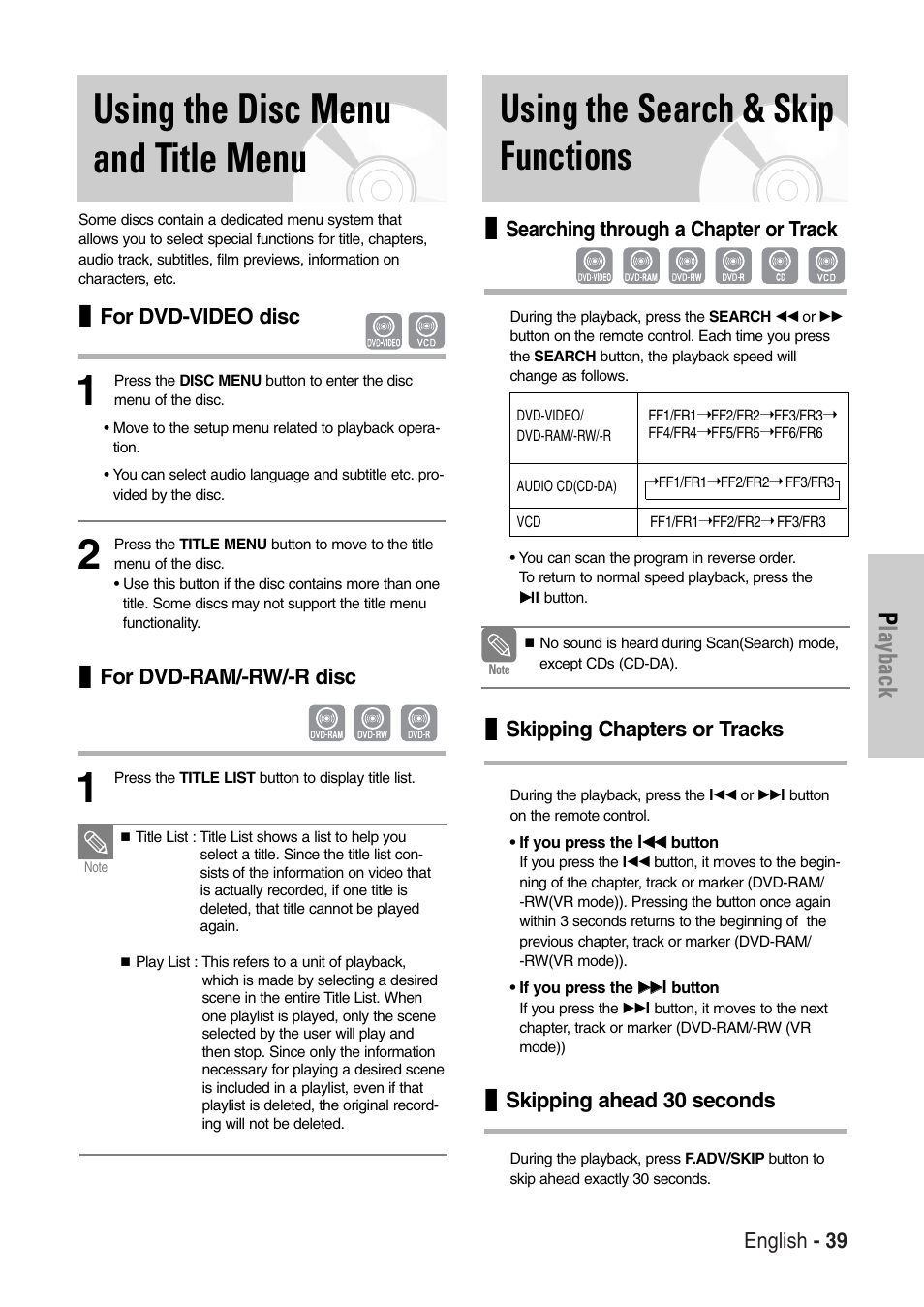 Using the disc menu and title menu, Using the search & skip functions, Playback | Samsung DVD-VR325-XAC User Manual | Page 39 / 89