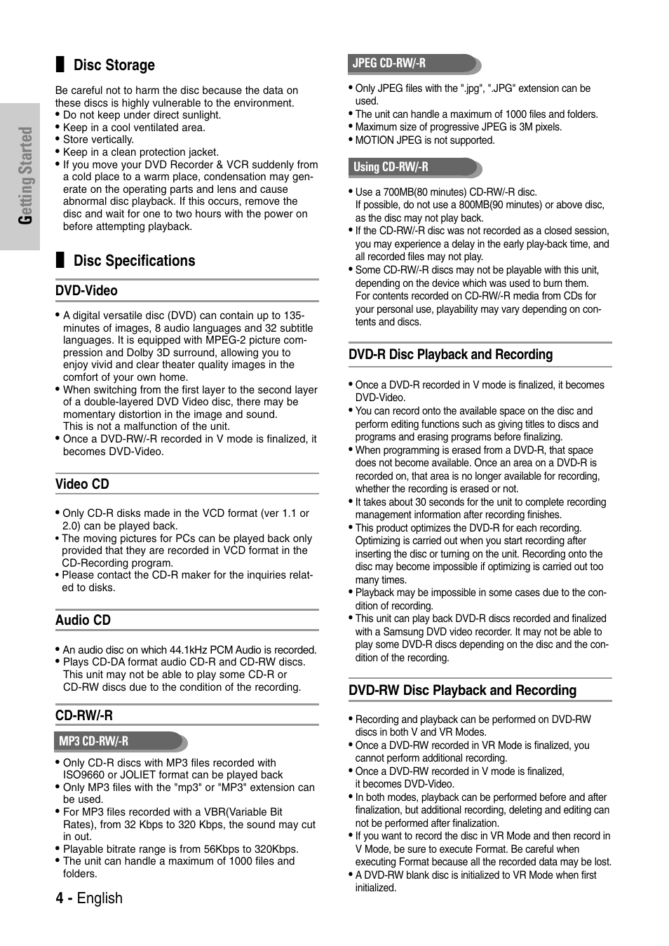 Getting started, Disc storage, Disc specifications | 4 - english | Samsung DVD-VR325-XAC User Manual | Page 4 / 89