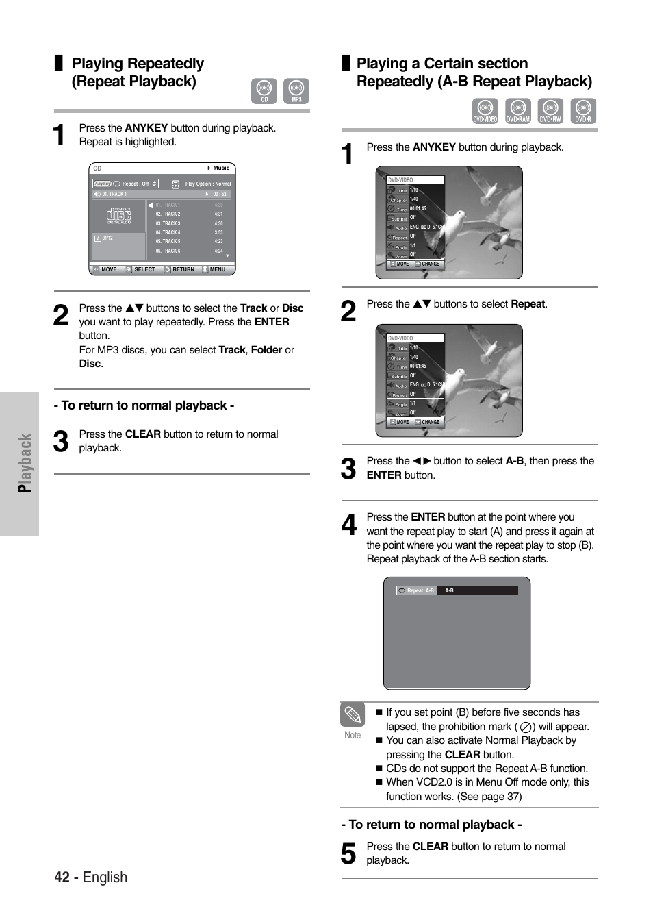 Playback, 42 - english, Playing repeatedly (repeat playback) | Samsung DVD-VR325-XAC User Manual | Page 42 / 89