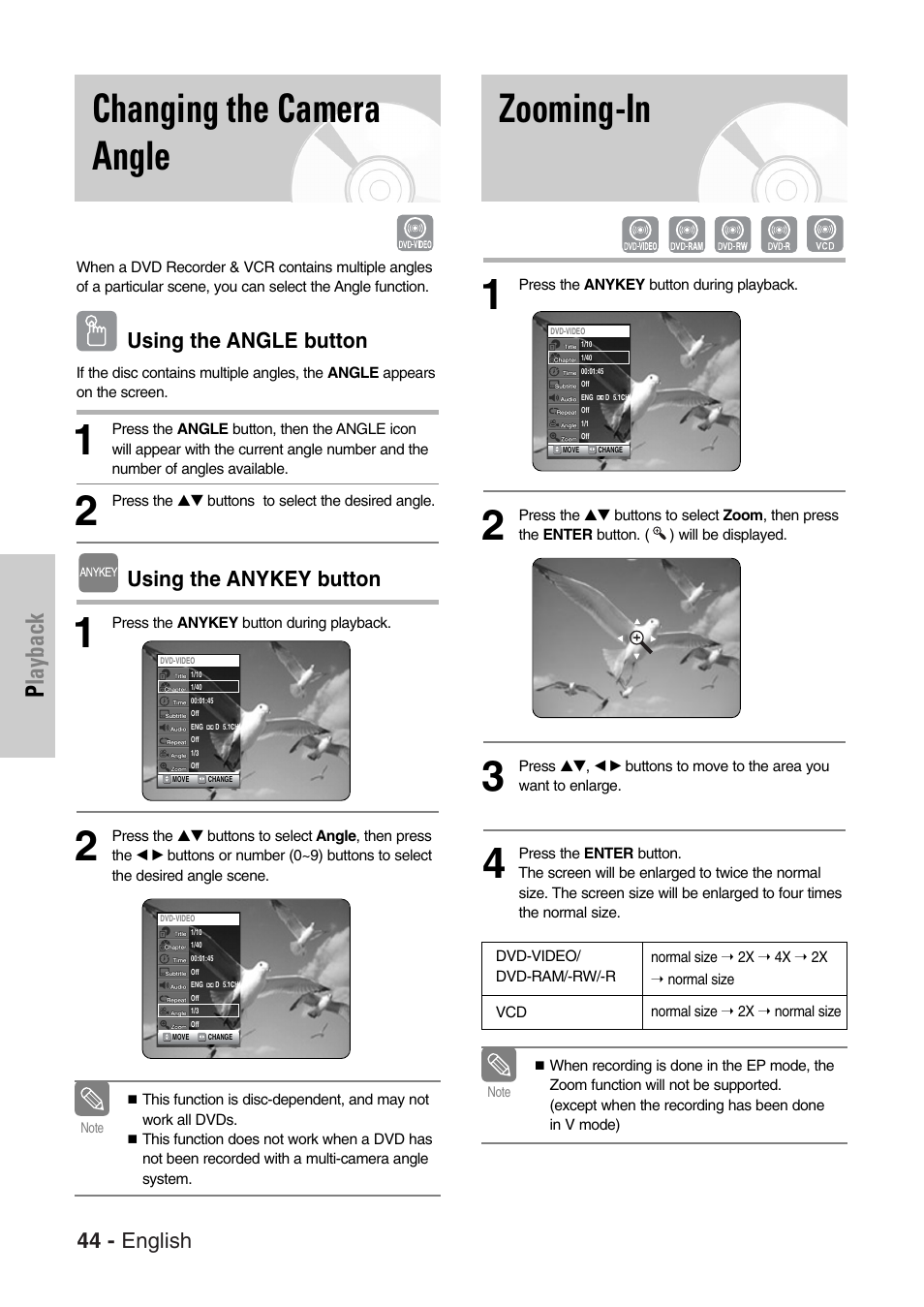 Changing the camera angle, Zooming-in, Playback | 44 - english, Using the angle button, Using the anykey button | Samsung DVD-VR325-XAC User Manual | Page 44 / 89