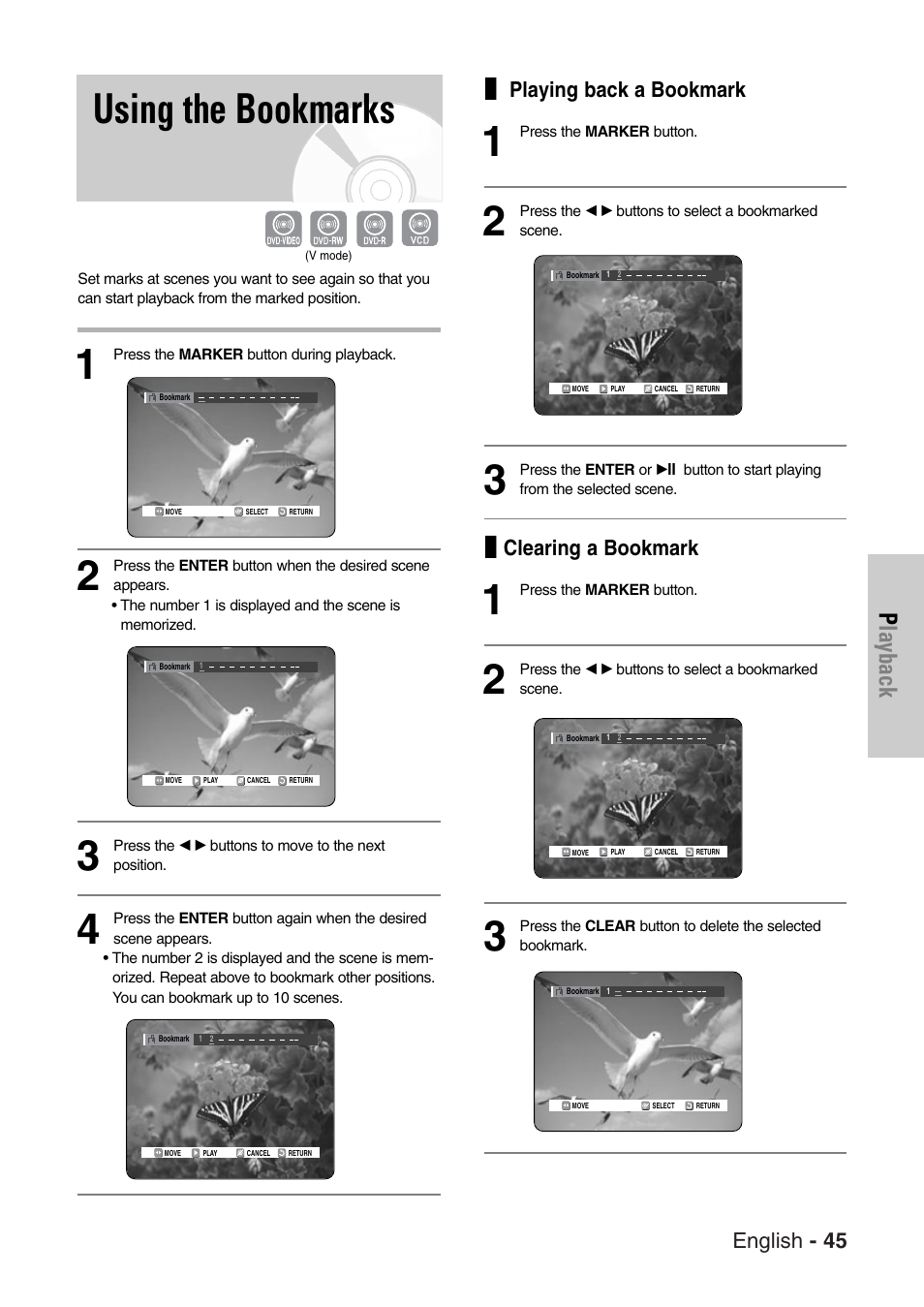 Using the bookmarks, Playback, English - 45 | Playing back a bookmark, Clearing a bookmark | Samsung DVD-VR325-XAC User Manual | Page 45 / 89