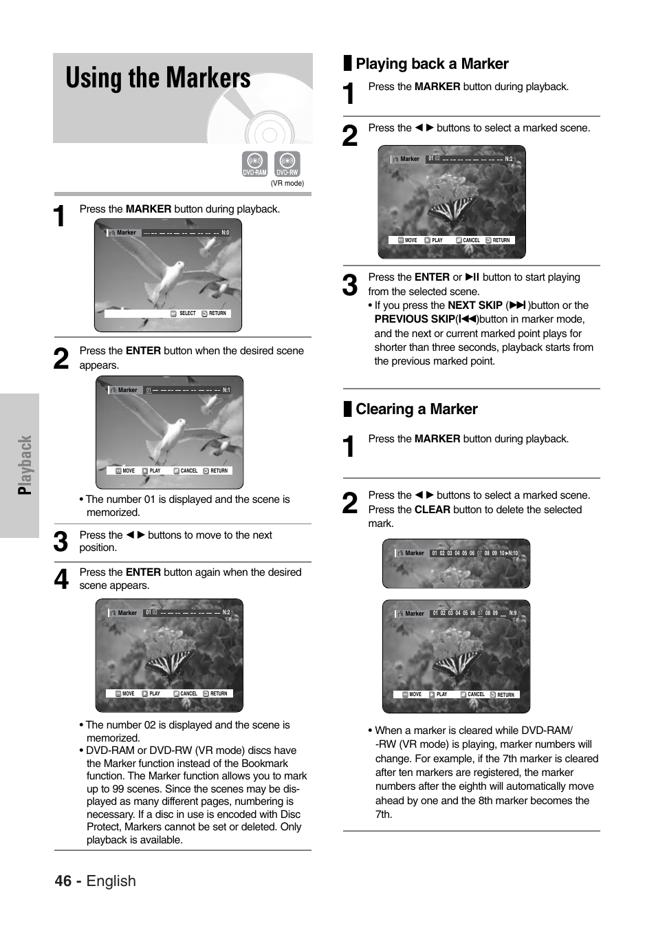 Using the markers, Playback, 46 - english | Playing back a marker, Clearing a marker | Samsung DVD-VR325-XAC User Manual | Page 46 / 89