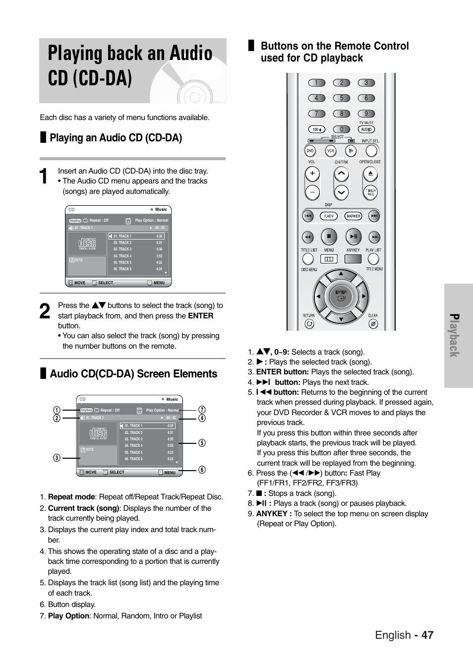 Playing back an audio cd(cd-da), Playing back an audio cd (cd-da), Playback | English - 47, Playing an audio cd (cd-da), Audio cd(cd-da) screen elements, Buttons on the remote control used for cd playback | Samsung DVD-VR325-XAC User Manual | Page 47 / 89