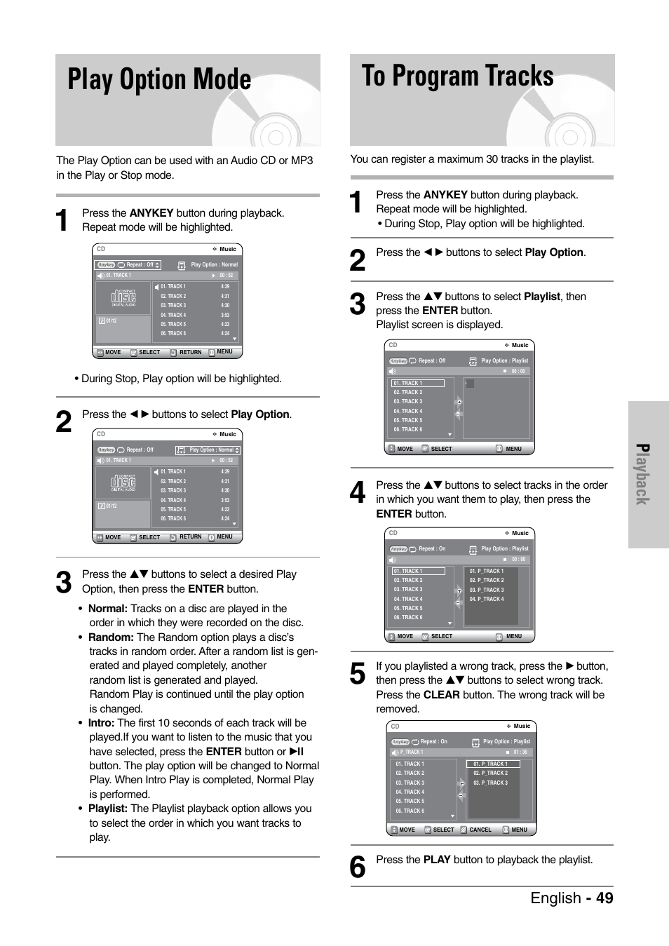 Play option mode, To program tracks, Playback | English - 49 | Samsung DVD-VR325-XAC User Manual | Page 49 / 89