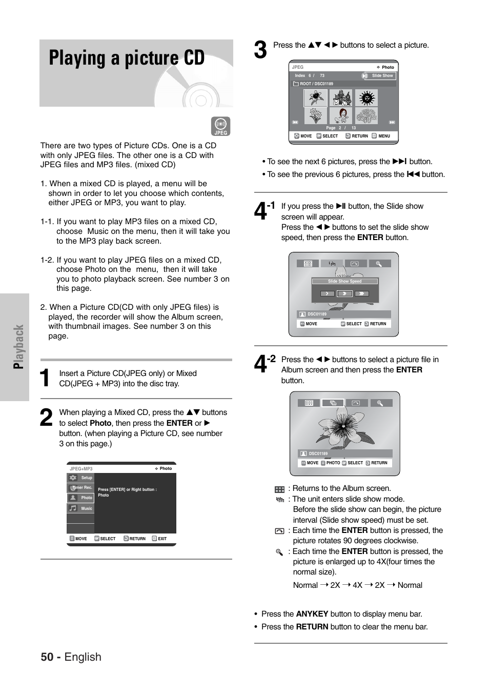 Playing a picture cd, Playback, 50 - english | Samsung DVD-VR325-XAC User Manual | Page 50 / 89