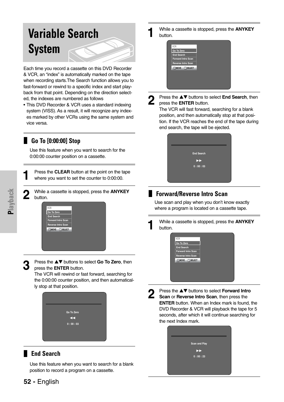 Variable search system, Playback, End search | 52 - english, Forward/reverse intro scan | Samsung DVD-VR325-XAC User Manual | Page 52 / 89