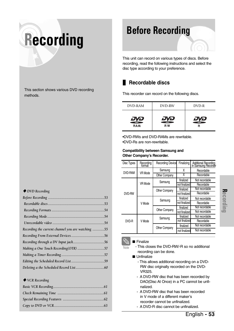 Recording, Before recording, Recordable discs | English - 53 | Samsung DVD-VR325-XAC User Manual | Page 53 / 89
