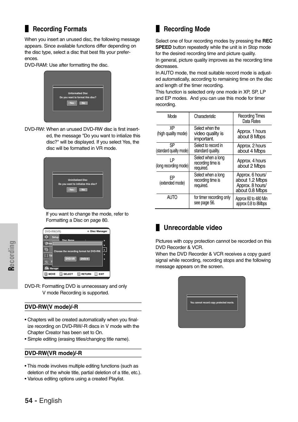 Recording, 54 - english, Recording formats | Recording mode, Unrecordable video, Dvd-rw(v mode)/-r, Dvd-rw(vr mode)/-r | Samsung DVD-VR325-XAC User Manual | Page 54 / 89