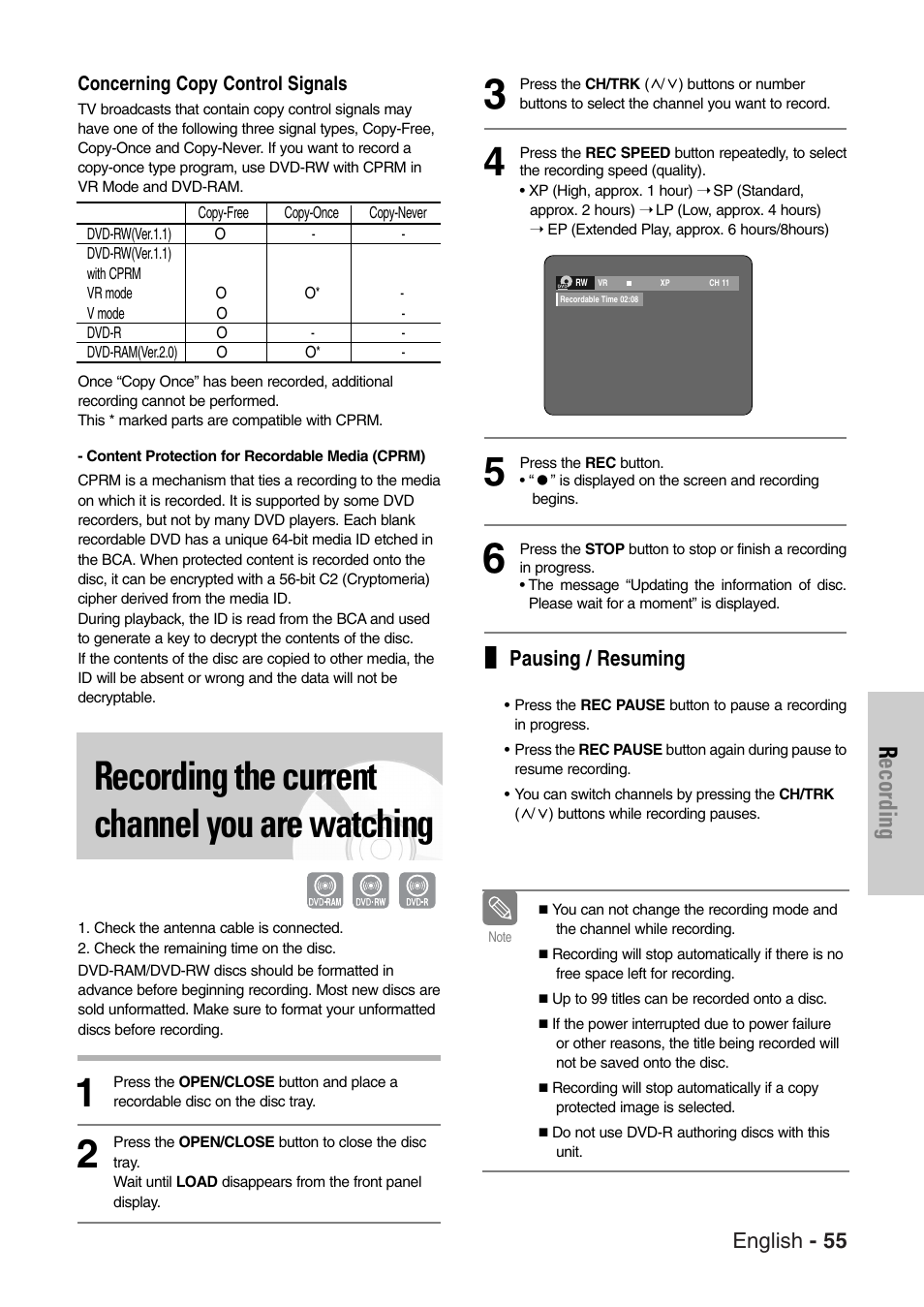 Recording the current channel you are watching, Recording, English - 55 | Pausing / resuming | Samsung DVD-VR325-XAC User Manual | Page 55 / 89