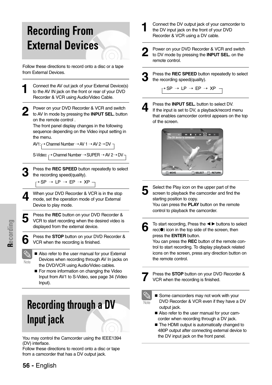 Recording from external devices, Recording through a dv input jank | Samsung DVD-VR325-XAC User Manual | Page 56 / 89