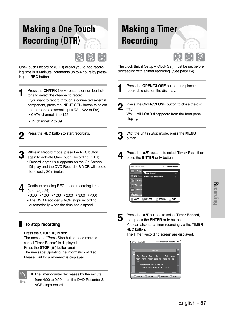 Making a one touch recording(otr), Making a timer recording, Recording | English - 57 | Samsung DVD-VR325-XAC User Manual | Page 57 / 89