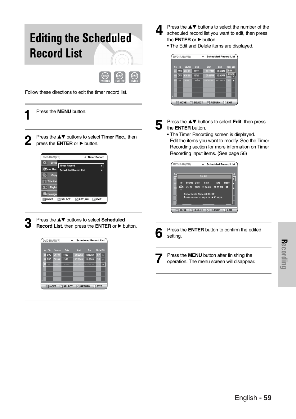 Editing the scheduled record list, Recording, English - 59 | Press the menu button | Samsung DVD-VR325-XAC User Manual | Page 59 / 89