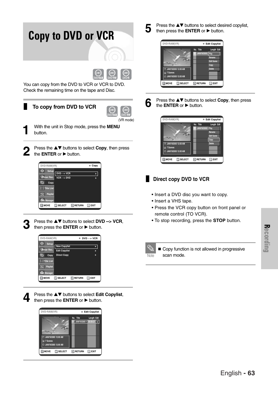 Copy to dvd or vcr, Recording, English - 63 | Direct copy dvd to vcr, With the unit in stop mode, press the menu button | Samsung DVD-VR325-XAC User Manual | Page 63 / 89