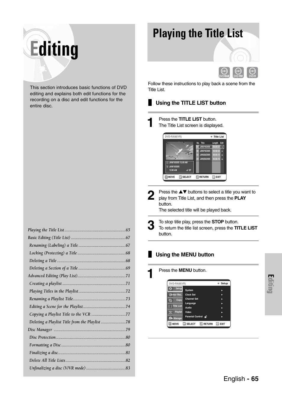 Editing, Playing the title list, English - 65 | Using the title list button, Using the menu button | Samsung DVD-VR325-XAC User Manual | Page 65 / 89