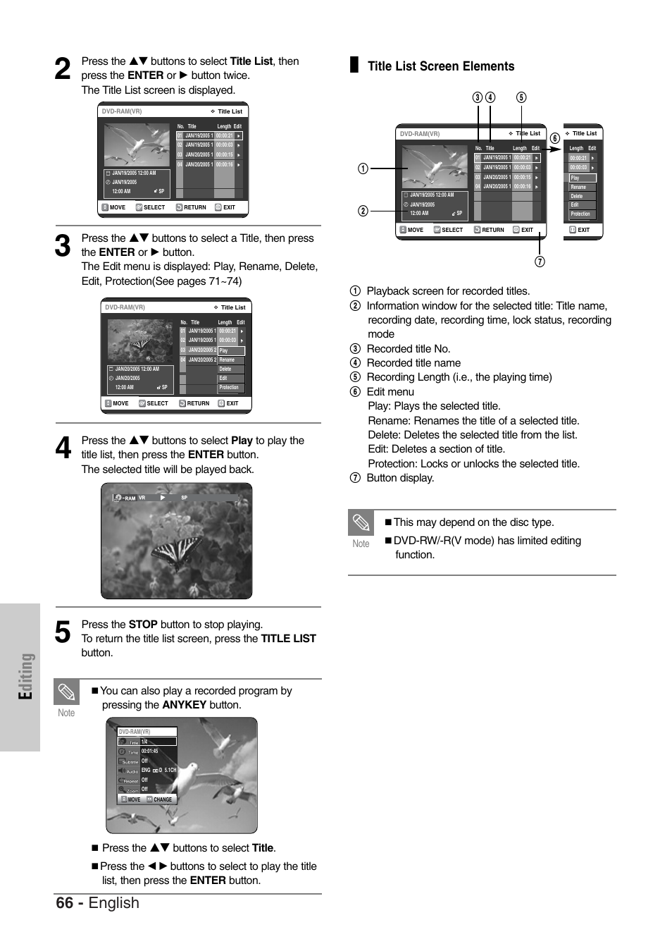 Editing, 66 - english, Title list screen elements | Press the | Samsung DVD-VR325-XAC User Manual | Page 66 / 89