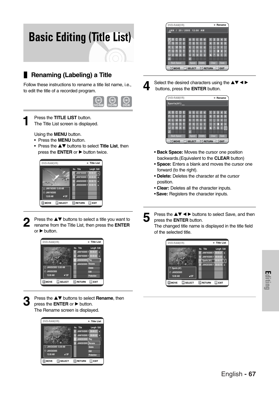 Basic editing (title list), Editing, English - 67 | Renaming (labeling) a title | Samsung DVD-VR325-XAC User Manual | Page 67 / 89