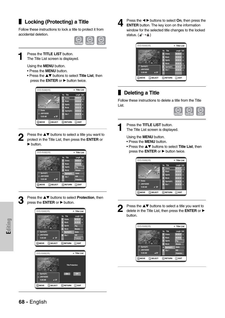Editing, Locking (protecting) a title, Deleting a title | 68 - english | Samsung DVD-VR325-XAC User Manual | Page 68 / 89