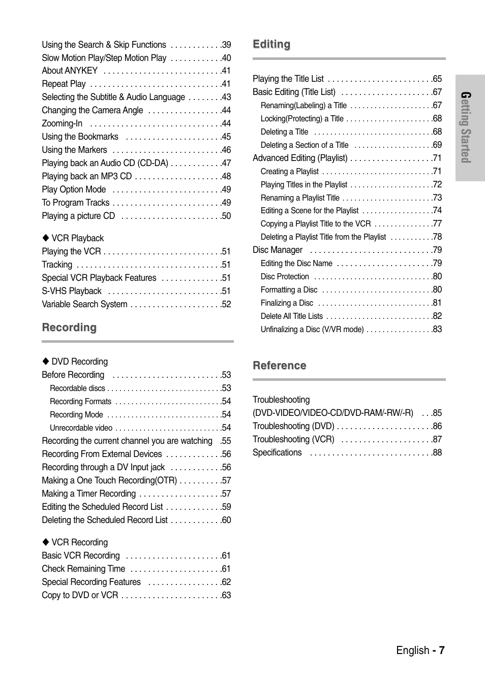 Getting started, English - 7, Recording | Editing, Reference | Samsung DVD-VR325-XAC User Manual | Page 7 / 89