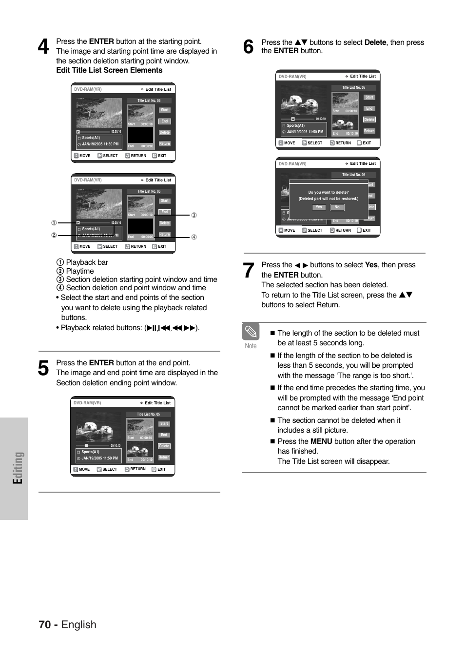 Editing, 70 - english, Buttons to select return | Samsung DVD-VR325-XAC User Manual | Page 70 / 89