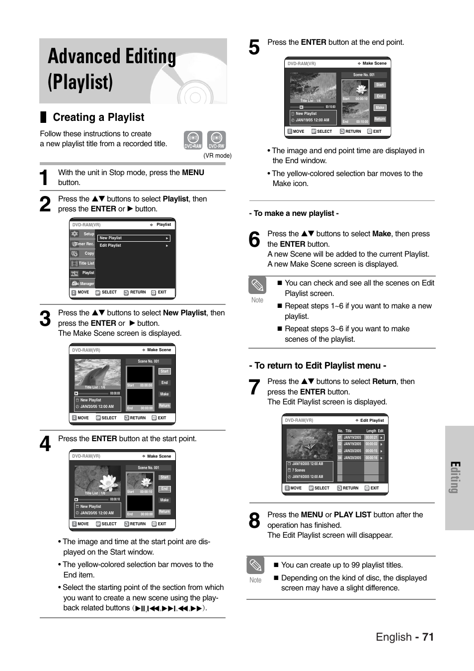 Advanced editing (playlist), Editing, English - 71 | Creating a playlist | Samsung DVD-VR325-XAC User Manual | Page 71 / 89