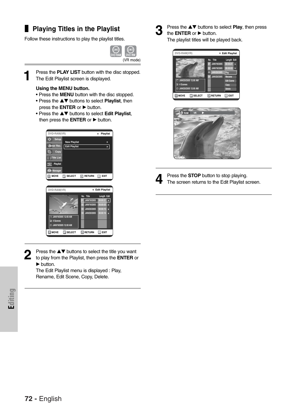 Editing, 72 - english, Playing titles in the playlist | Samsung DVD-VR325-XAC User Manual | Page 72 / 89