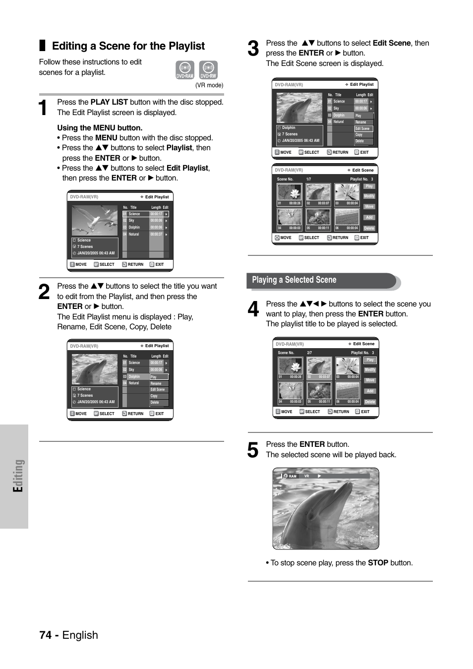 Editing, Editing a scene for the playlist, 74 - english | Playing a selected scene | Samsung DVD-VR325-XAC User Manual | Page 74 / 89