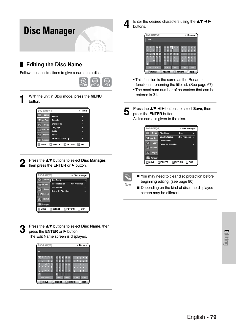 Disc manager, Editing, English - 79 | Editing the disc name, Follow these instructions to give a name to a disc, With the unit in stop mode, press the menu button | Samsung DVD-VR325-XAC User Manual | Page 79 / 89