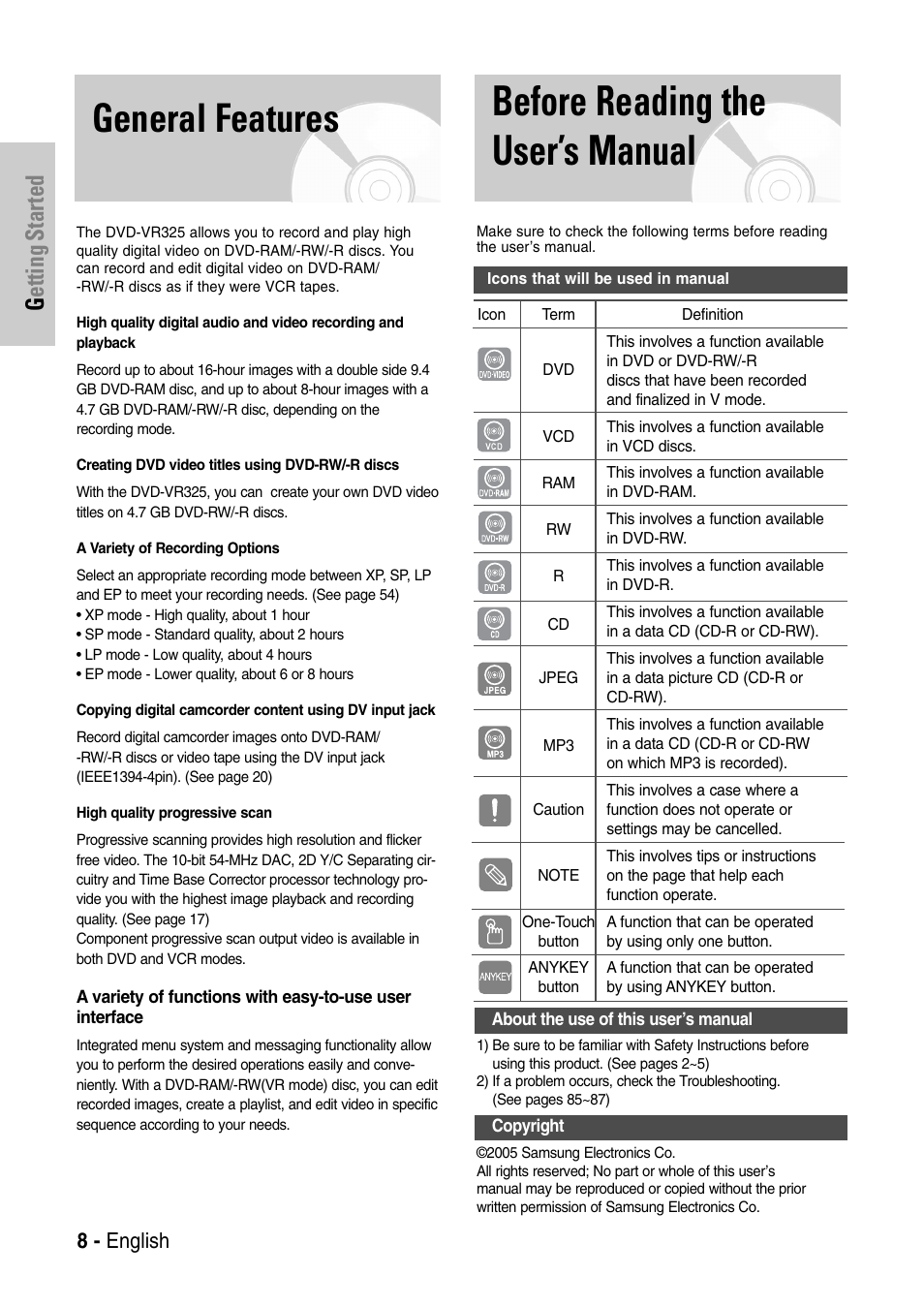 General features, Before reading the user’s manual, Getting started | 8 - english | Samsung DVD-VR325-XAC User Manual | Page 8 / 89