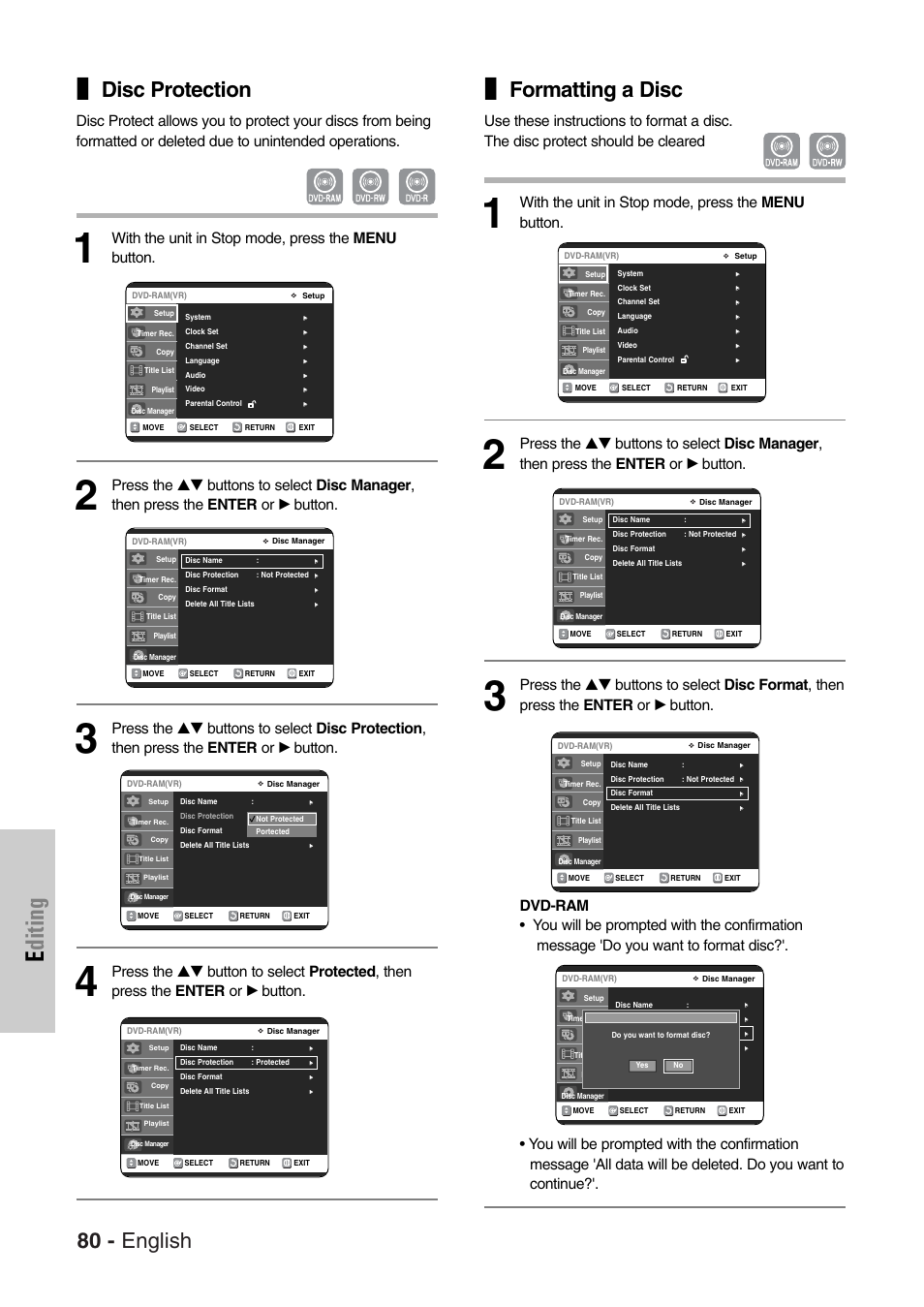 Editing, 80 - english, Disc protection | Formatting a disc, With the unit in stop mode, press the menu button | Samsung DVD-VR325-XAC User Manual | Page 80 / 89