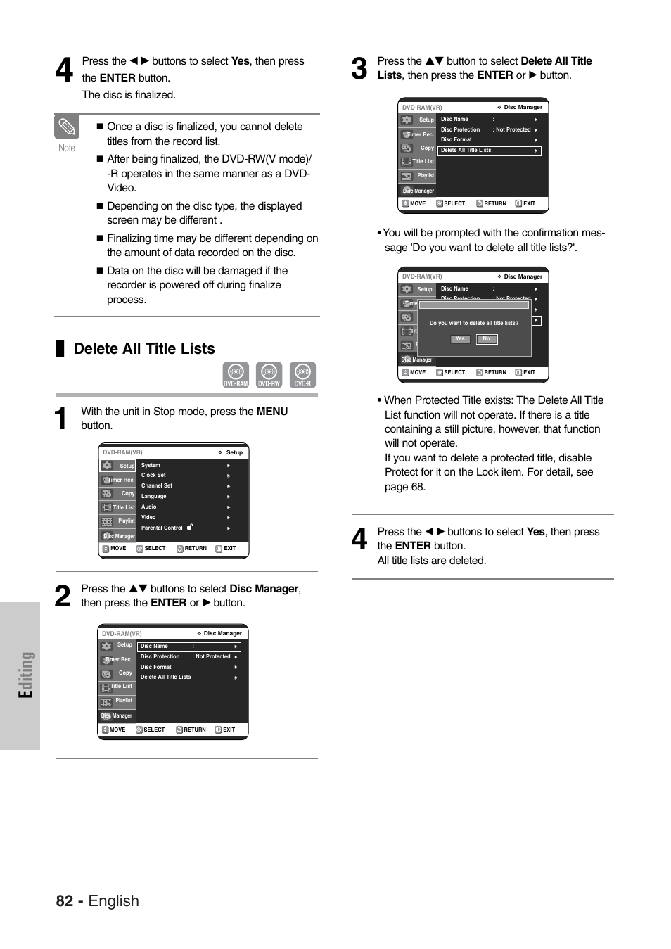 Editing, 82 - english, Delete all title lists | With the unit in stop mode, press the menu button | Samsung DVD-VR325-XAC User Manual | Page 82 / 89