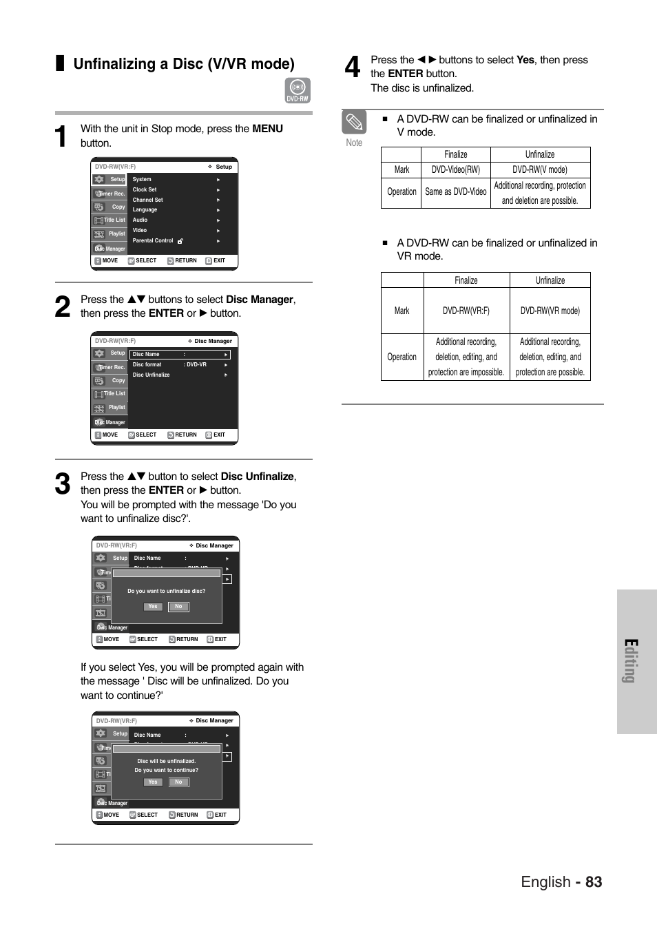 Editing, English - 83, Unfinalizing a disc (v/vr mode) | With the unit in stop mode, press the menu button, A dvd-rw can be finalized or unfinalized in v mode | Samsung DVD-VR325-XAC User Manual | Page 83 / 89