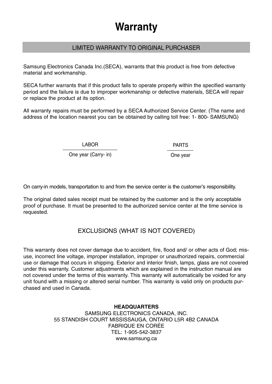 Warranty | Samsung DVD-VR325-XAC User Manual | Page 89 / 89