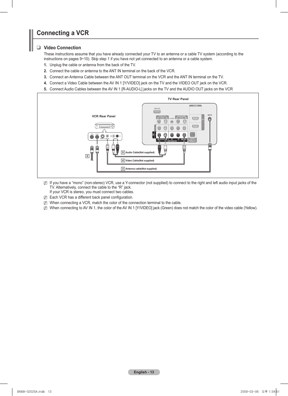 Connecting a vcr, Video connection | Samsung PN42B430P2DXZA User Manual | Page 13 / 90