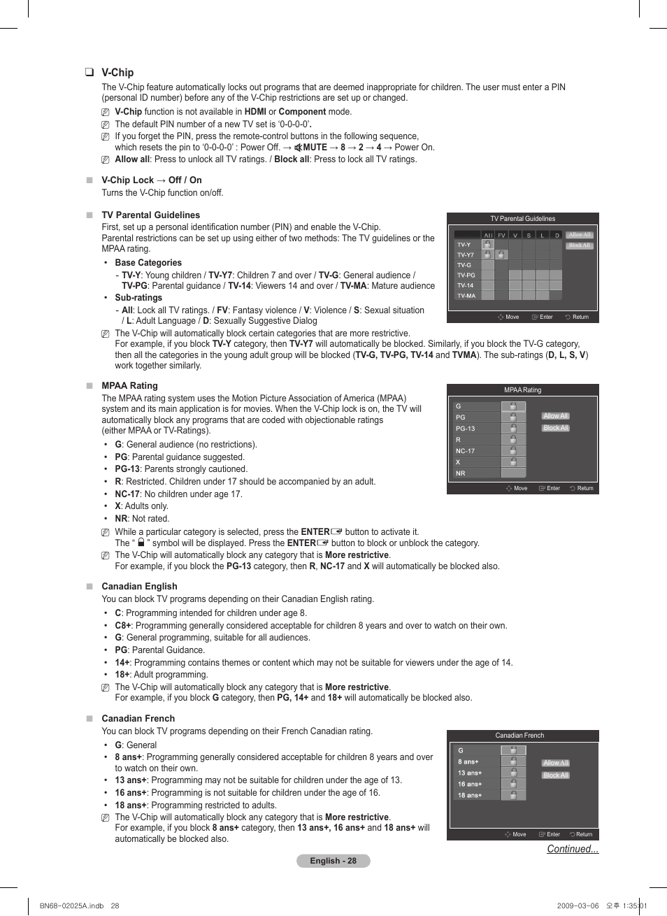 V-chip | Samsung PN42B430P2DXZA User Manual | Page 28 / 90