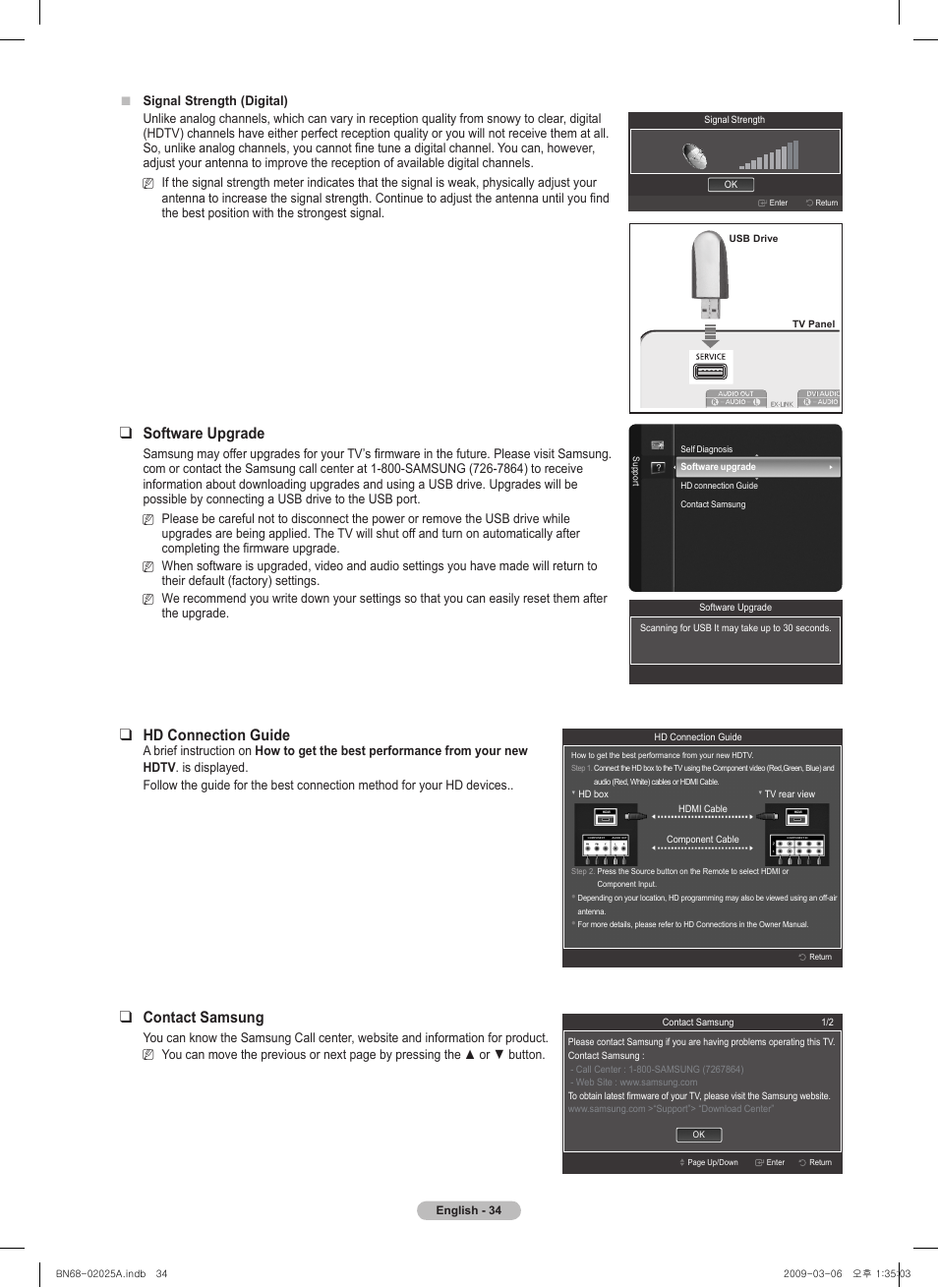 Software upgrade, Hd connection guide, Contact samsung | Samsung PN42B430P2DXZA User Manual | Page 34 / 90