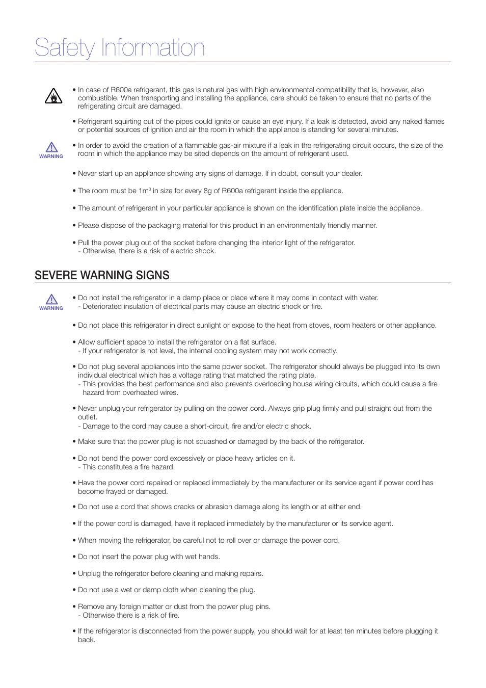 Safety information, Severe warning signs | Samsung RM257ACRS-XAA User Manual | Page 3 / 10